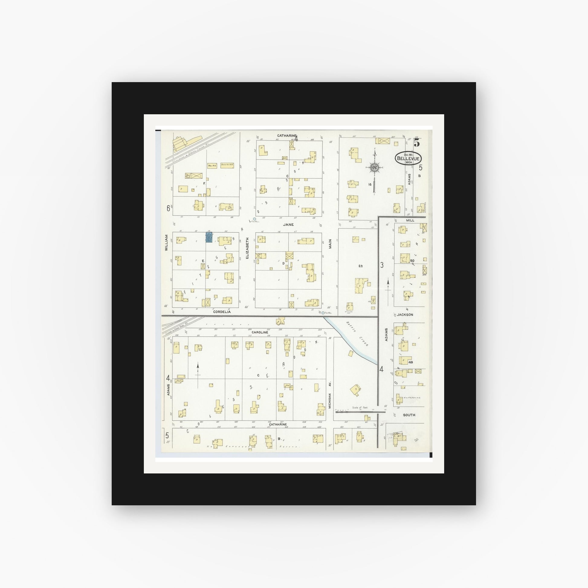 Old map wall art mockup — black gallery frame with white mat — Sanborn Fire Insurance Map from Bellevue, Eaton County, Michigan (1911), Sheet #0005