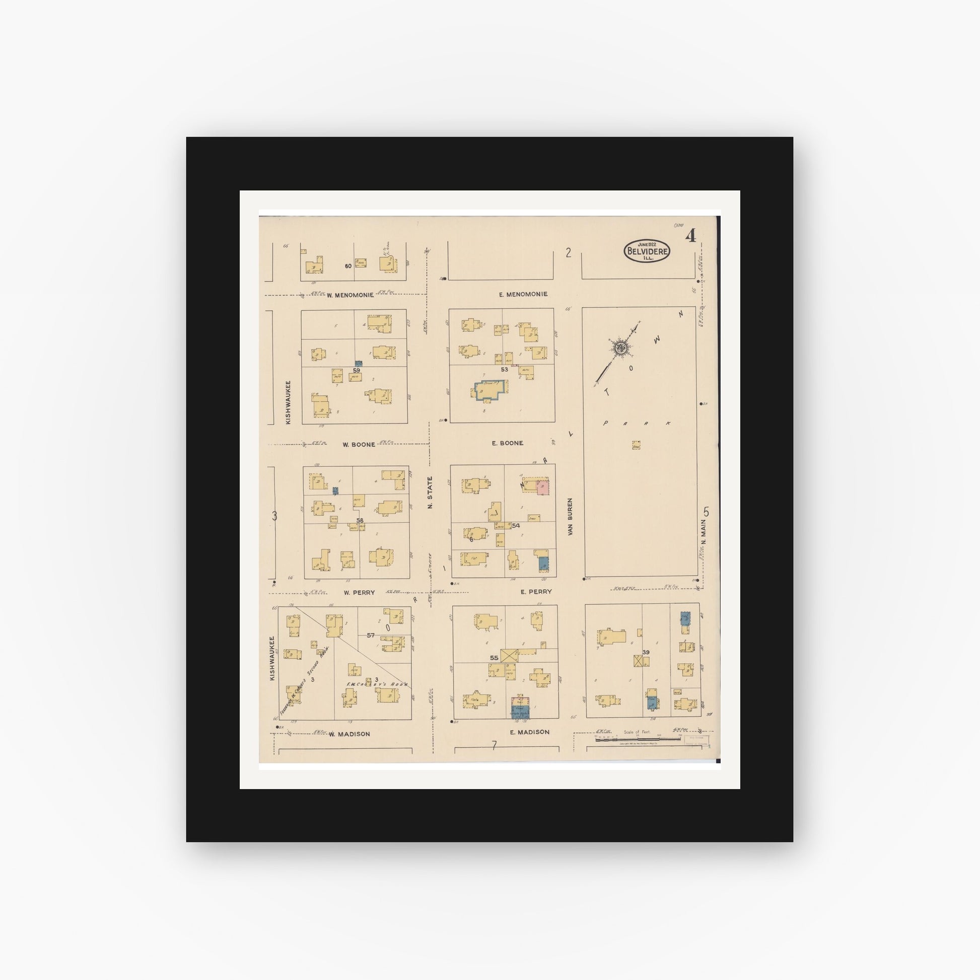 Old map wall art mockup — black gallery frame with white mat — Sanborn Fire Insurance Map from Belvidere, Boone County, Illinois (1922), Sheet #0004