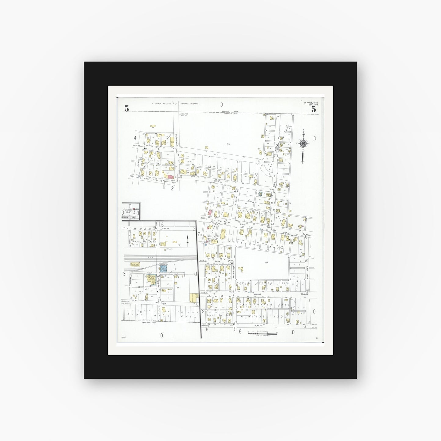 Old map wall art mockup — black gallery frame with white mat — Sanborn Fire Insurance Map from Saint Paris, Champaign County, Ohio (1948), Sheet #0005