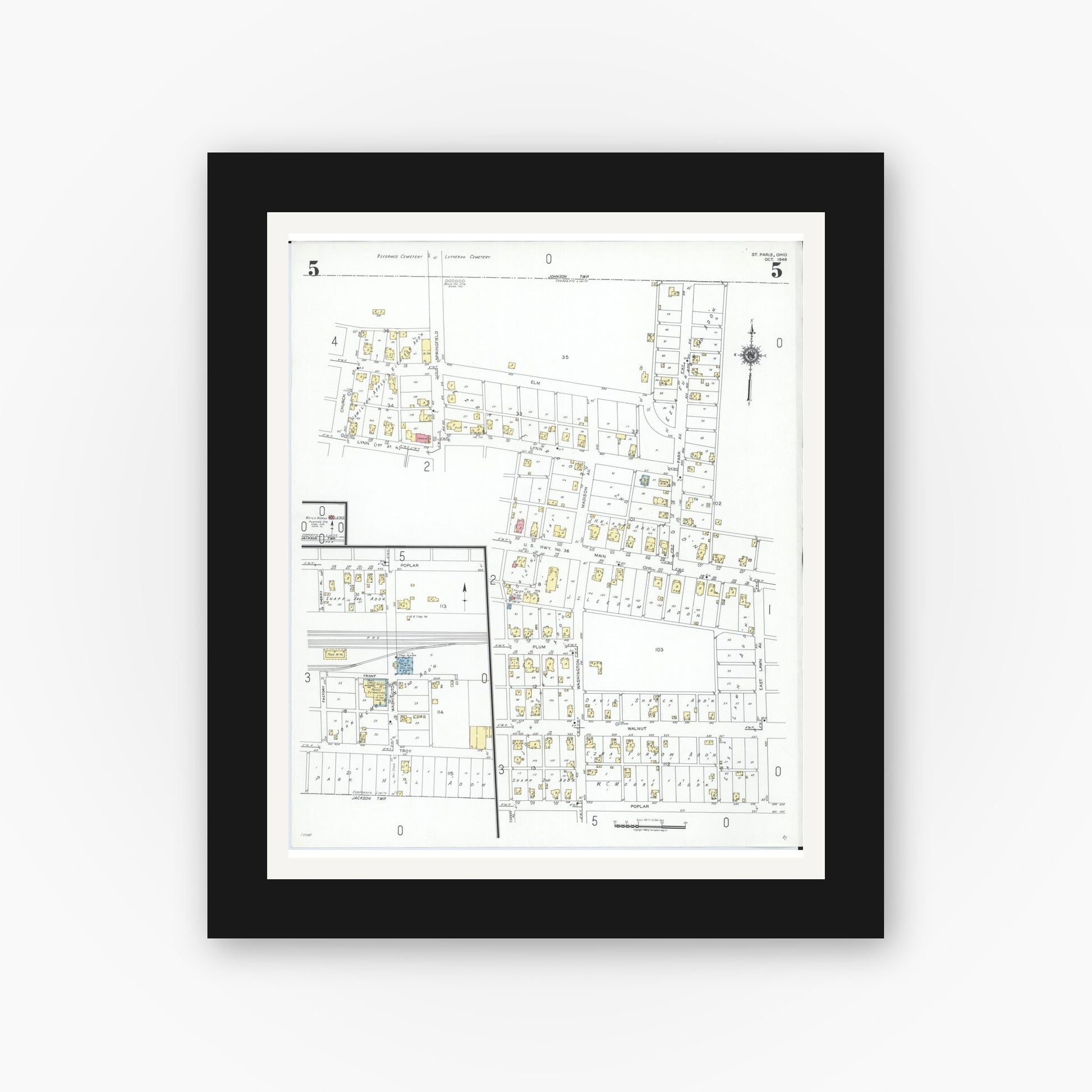 Old map wall art mockup — black gallery frame with white mat — Sanborn Fire Insurance Map from Saint Paris, Champaign County, Ohio (1948), Sheet #0005