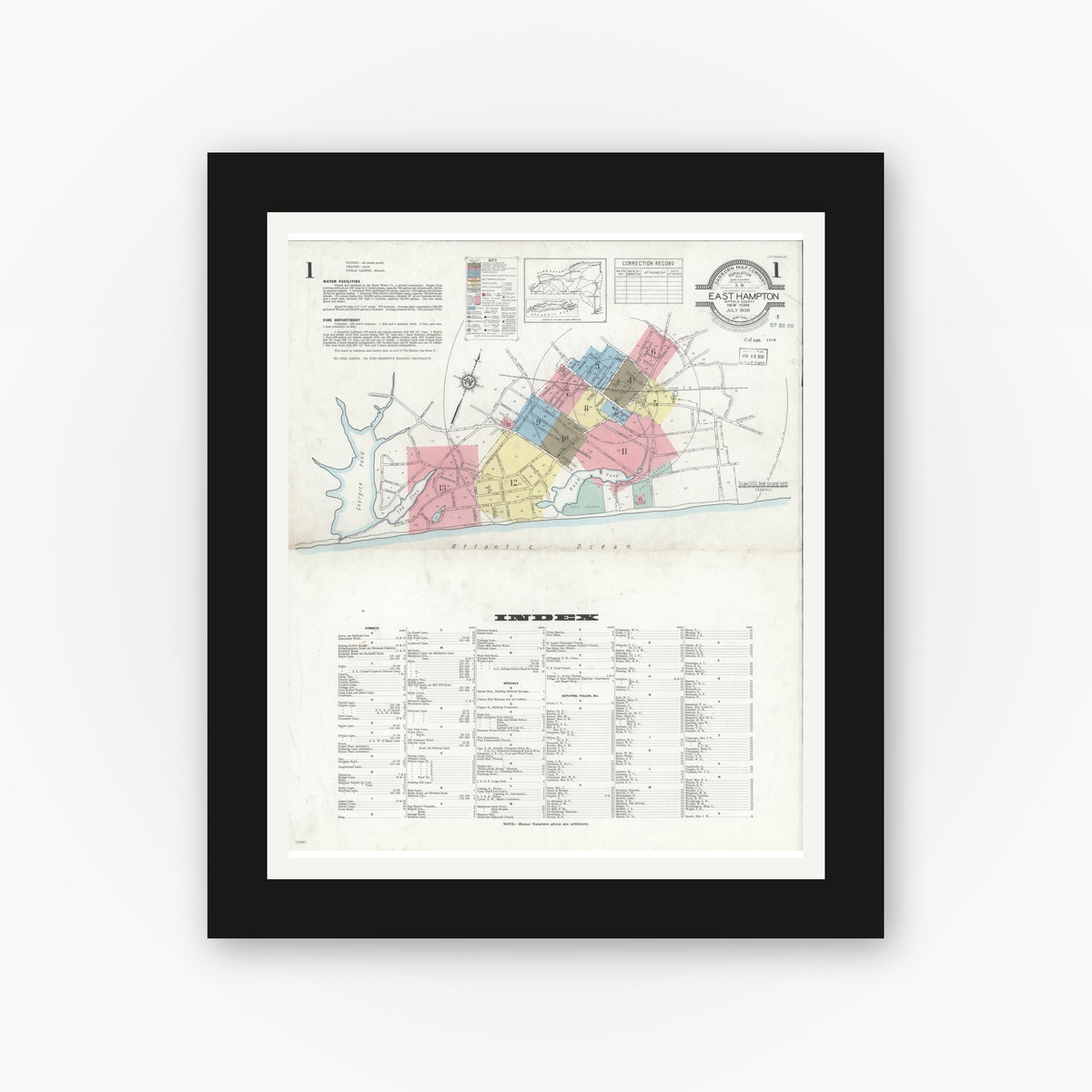 Old map wall art mockup — black gallery frame with white mat — Sanborn Fire Insurance Map from Easthampton, Suffolk County, New York (1936) - Complete Map Set