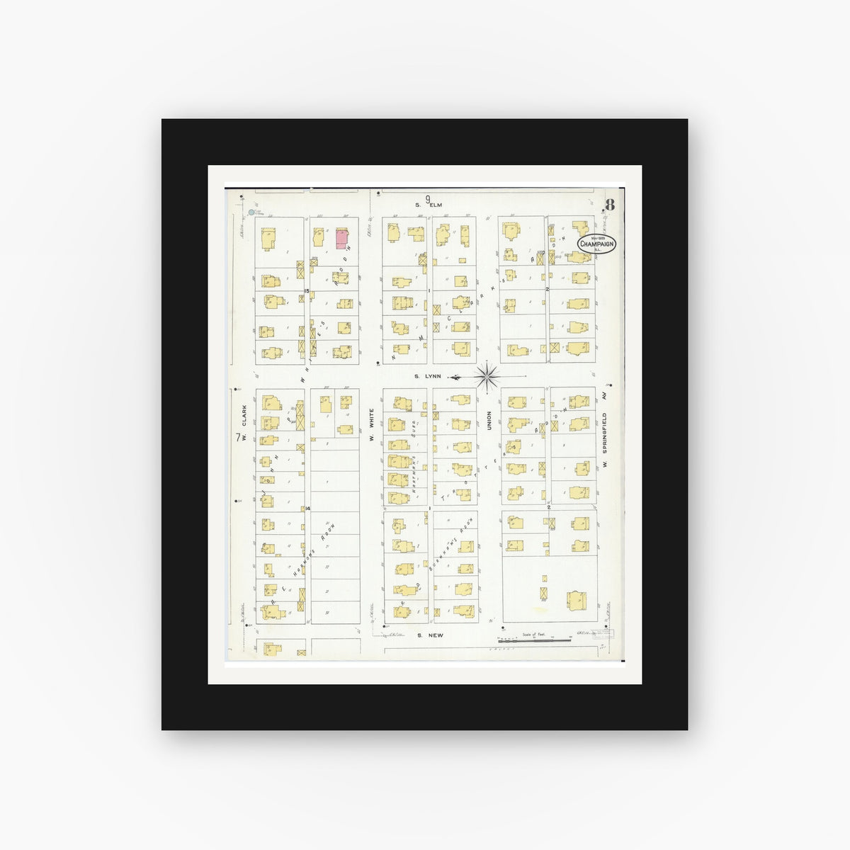 Old map wall art mockup — black gallery frame with white mat — Sanborn Fire Insurance Map from Champaign, Champaign County, Illinois (1909), Sheet #0008