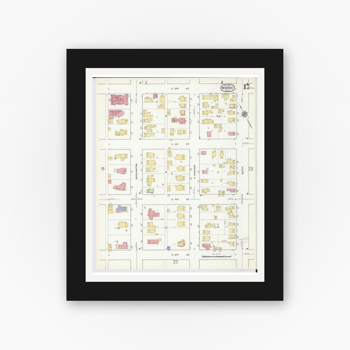Old map wall art mockup — black gallery frame with white mat — Sanborn Fire Insurance Map from Monroe, Monroe County, Michigan (1916), Sheet #0017