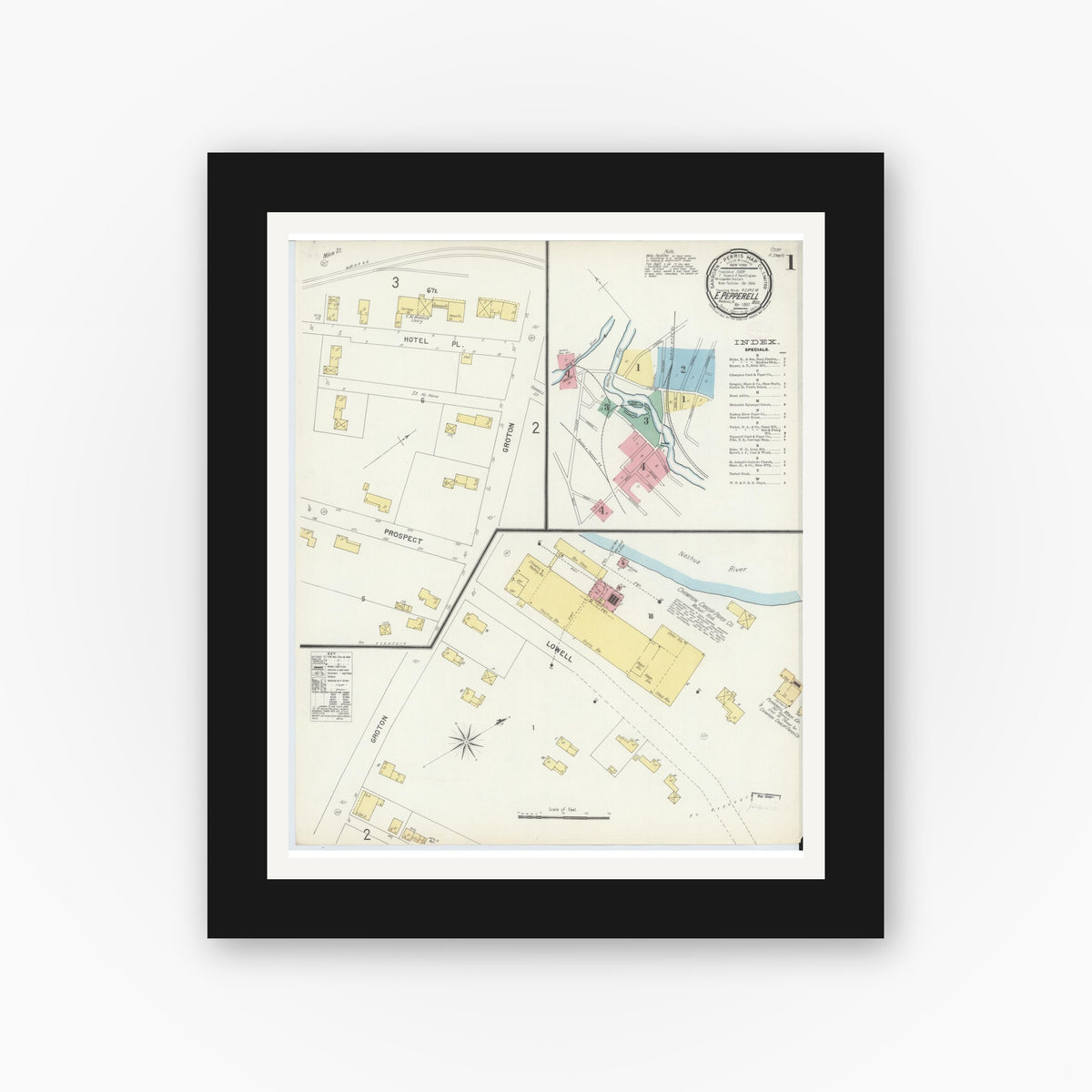 Old map wall art mockup — black gallery frame with white mat — Sanborn Fire Insurance Map from East Pepperell, Middlesex County, Massachusetts (1897) - Complete Map Set