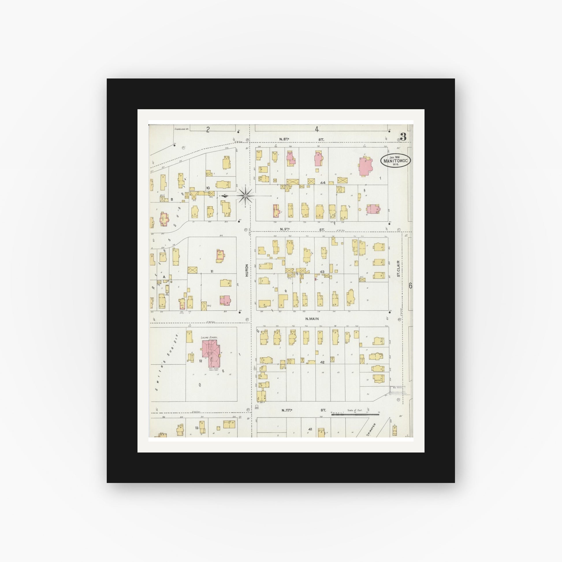 Old map wall art mockup — black gallery frame with white mat — Sanborn Fire Insurance Map from Manitowoc, Manitowoc County, Wisconsin (1906), Sheet #0003
