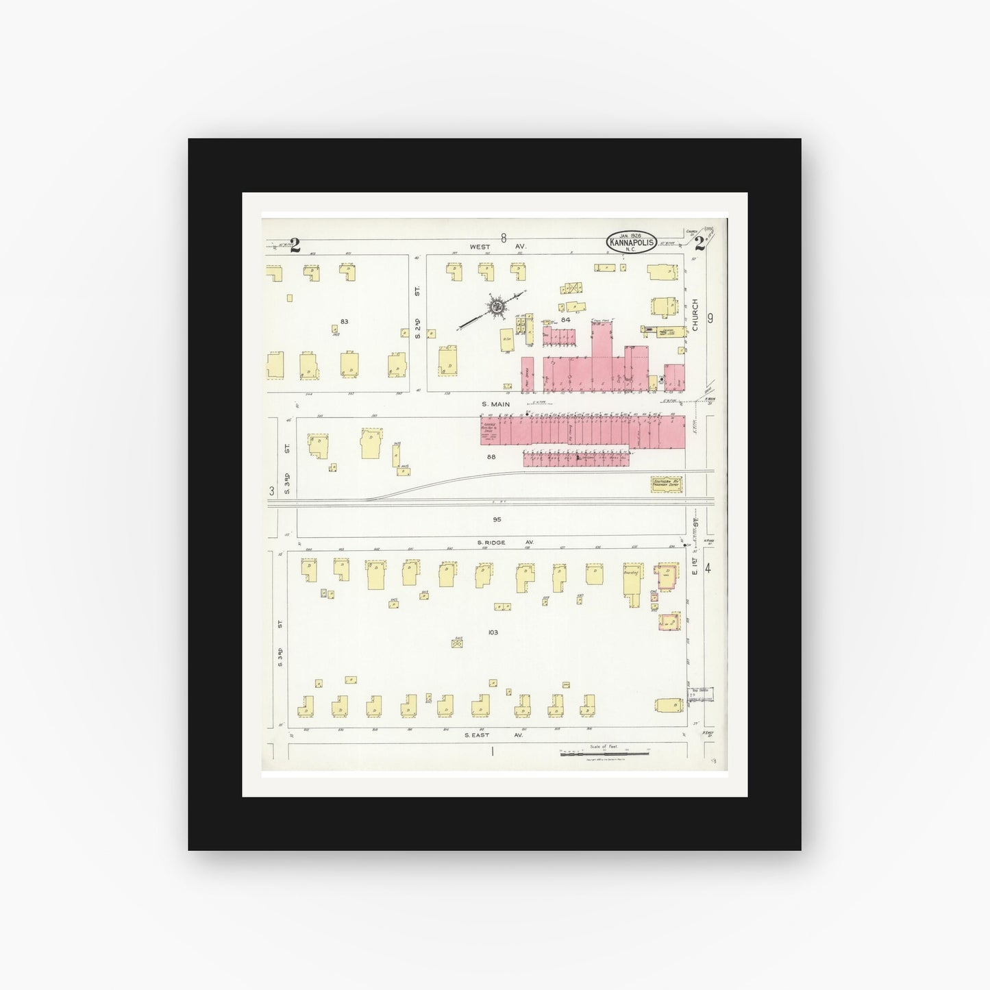 Old map wall art mockup — black gallery frame with white mat — Sanborn Fire Insurance Map from Kannapolis, Rowan And Cabarrus Counties, North Carolina (1926), Sheet #0002