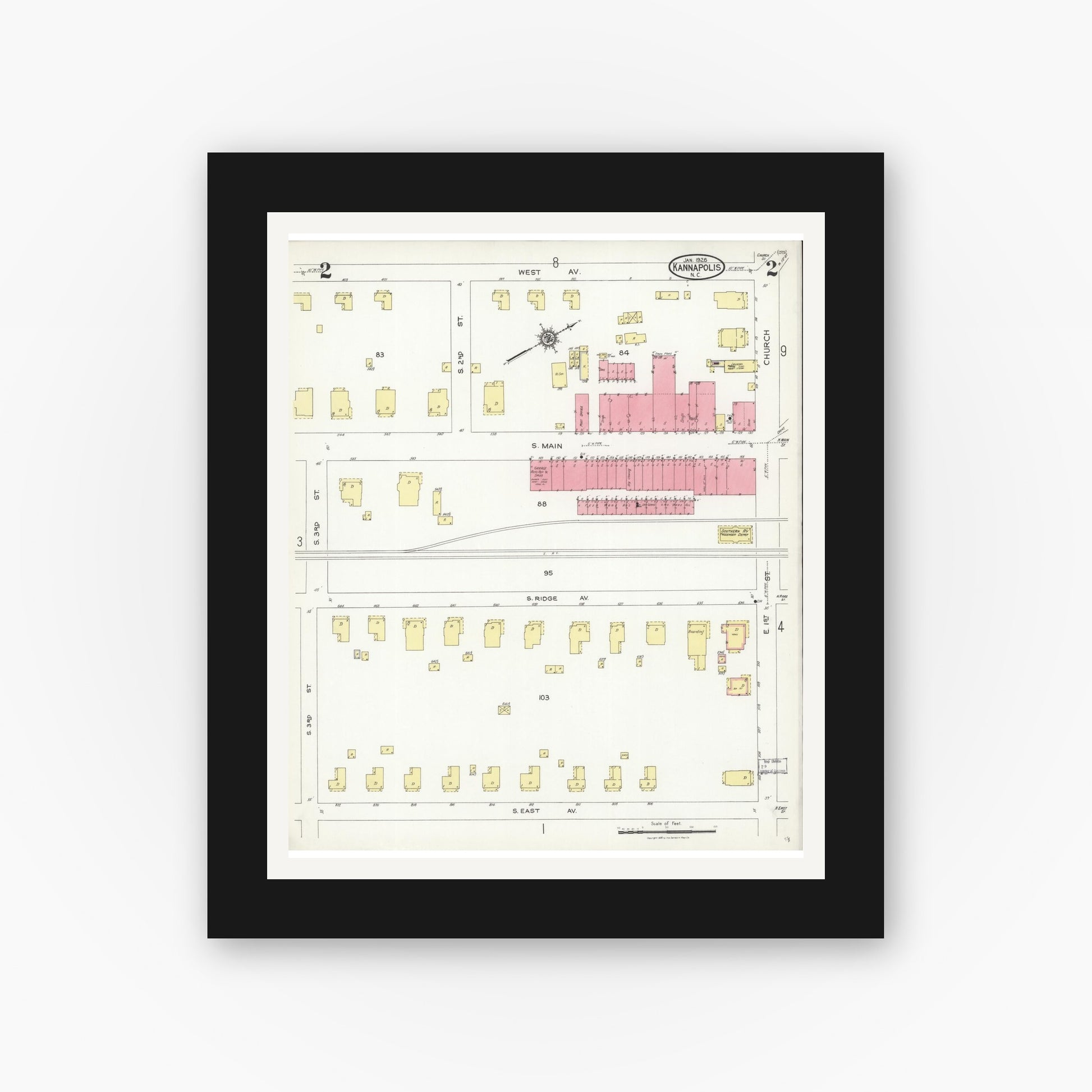Old map wall art mockup — black gallery frame with white mat — Sanborn Fire Insurance Map from Kannapolis, Rowan And Cabarrus Counties, North Carolina (1926), Sheet #0002