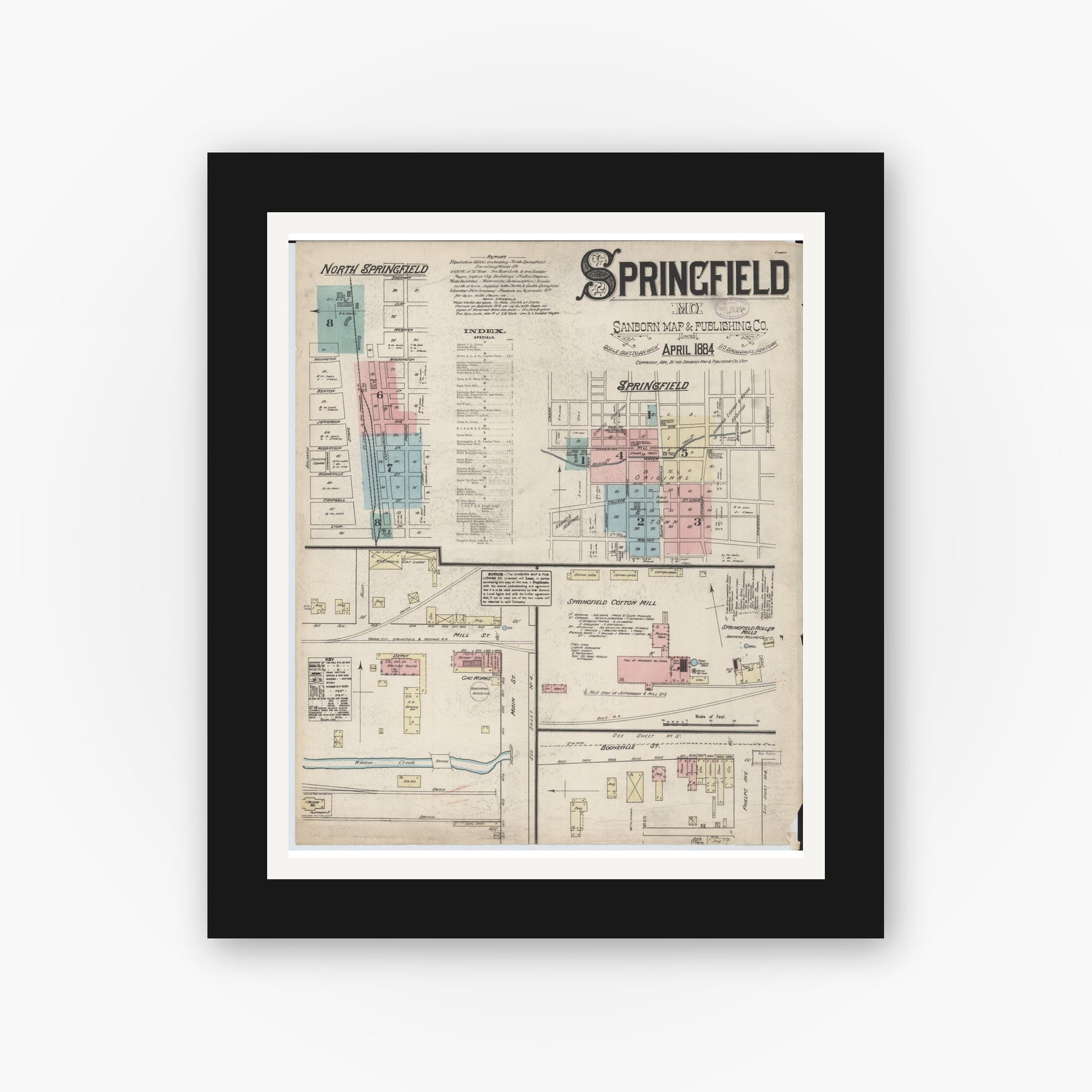 Old map wall art mockup — black gallery frame with white mat — Sanborn Fire Insurance Map from Springfield, Greene County, Missouri (1884) - Complete Map Set