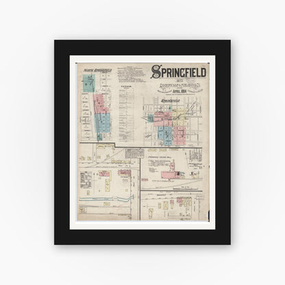 Old map wall art mockup — black gallery frame with white mat — Sanborn Fire Insurance Map from Springfield, Greene County, Missouri (1884) - Complete Map Set