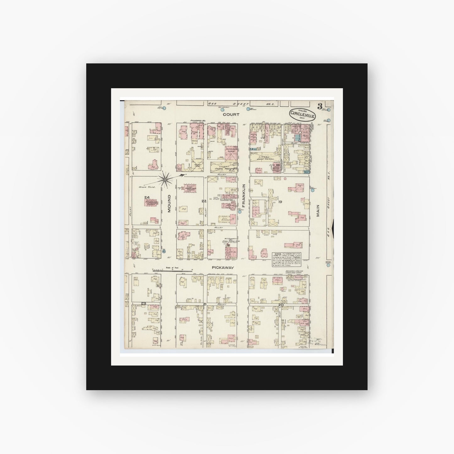 Old map wall art mockup — black gallery frame with white mat — Sanborn Fire Insurance Map from Circleville, Pickaway County, Ohio (1884), Sheet #0003
