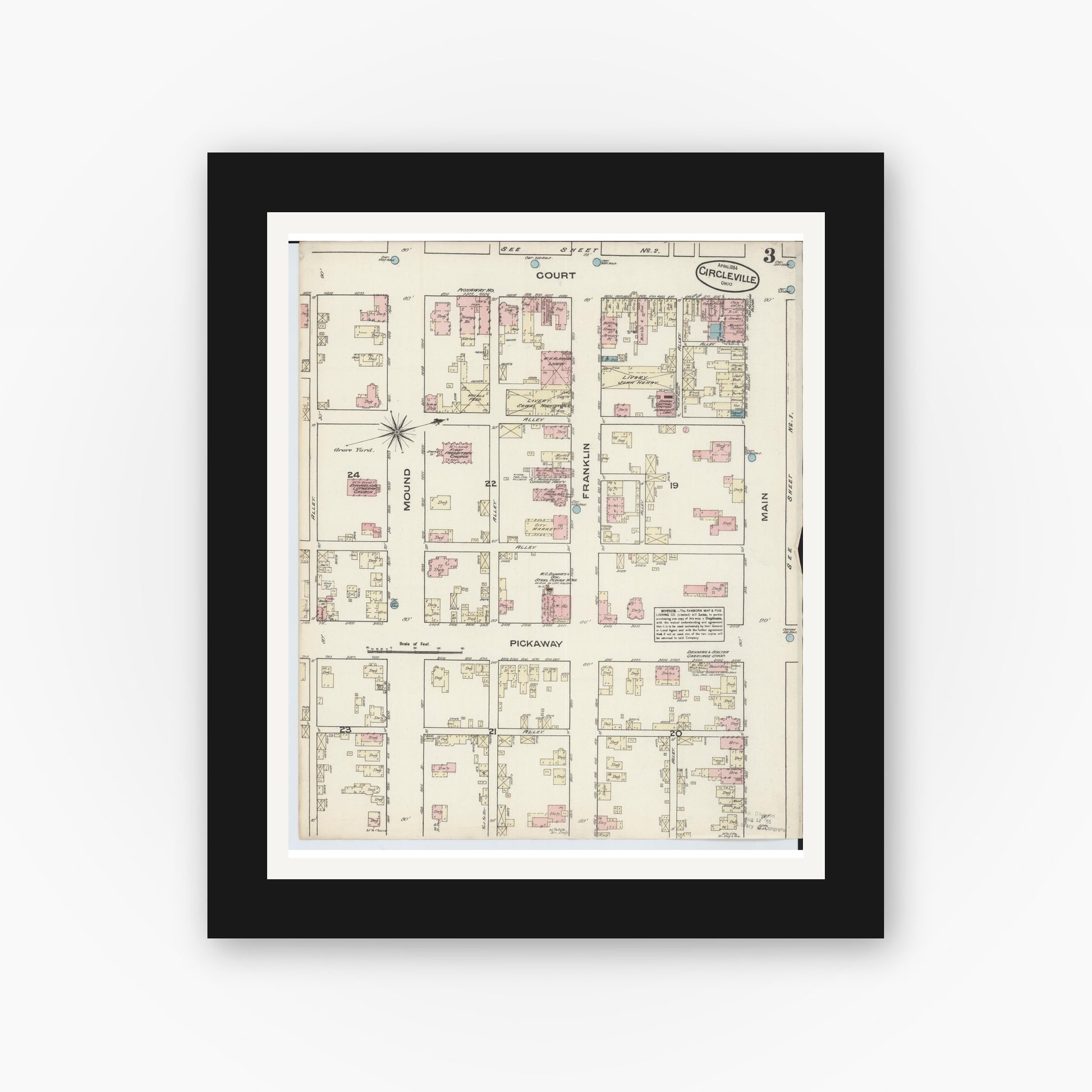 Old map wall art mockup — black gallery frame with white mat — Sanborn Fire Insurance Map from Circleville, Pickaway County, Ohio (1884), Sheet #0003