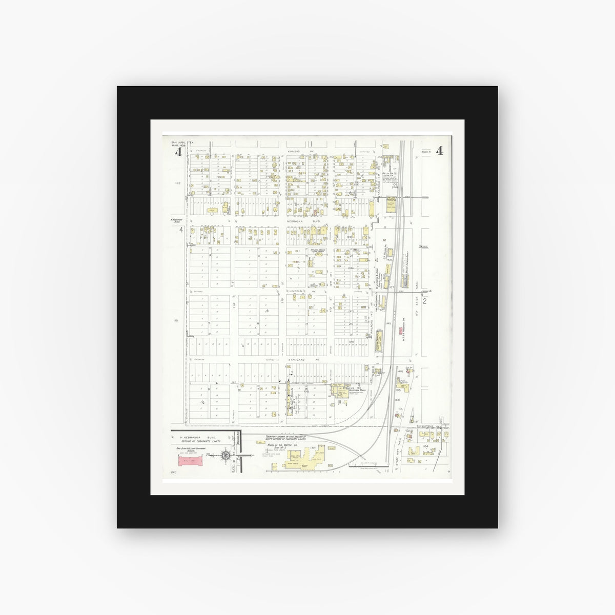 Old map wall art mockup — black gallery frame with white mat — Sanborn Fire Insurance Map from San Juan, Hidalgo County, Texas (1938), Sheet #0004
