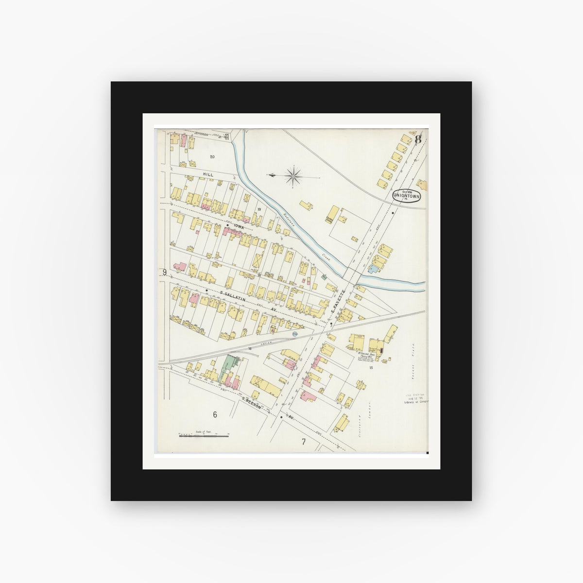 Old map wall art mockup — black gallery frame with white mat — Sanborn Fire Insurance Map from Uniontown, Fayette County, Pennsylvania (1896), Sheet #0008