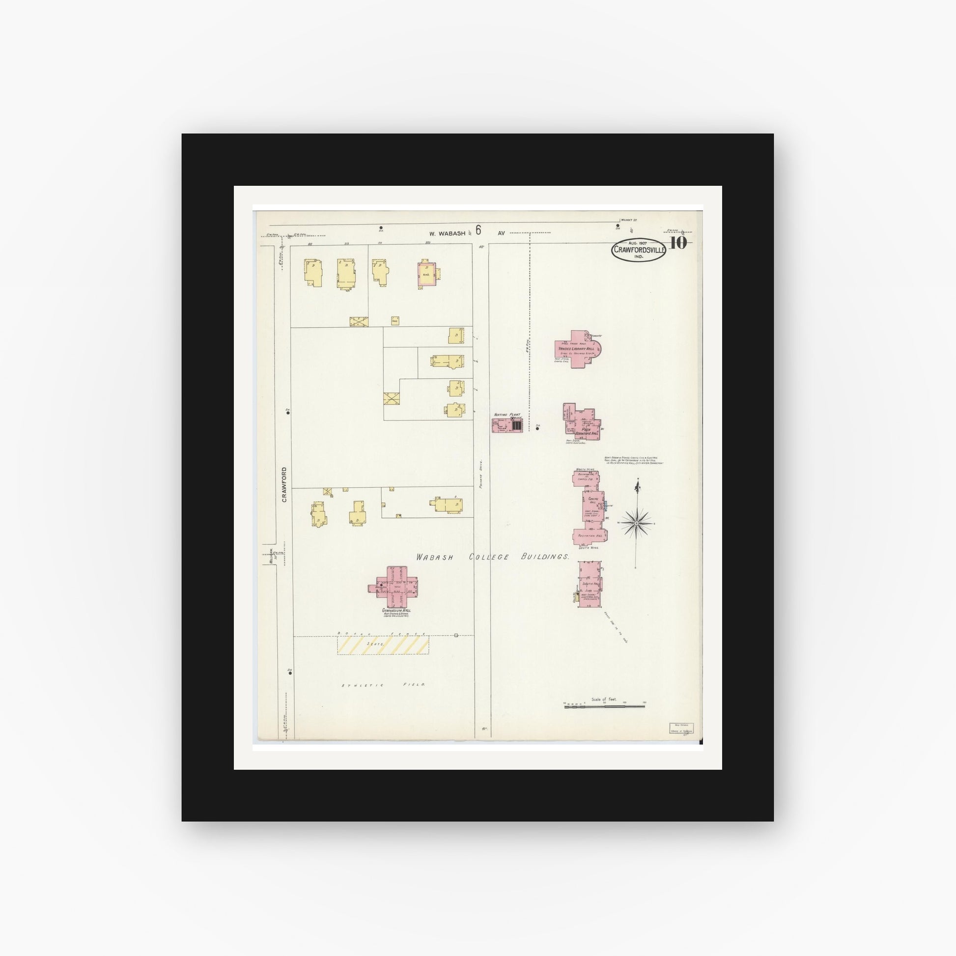 Old map wall art mockup — black gallery frame with white mat — Sanborn Fire Insurance Map from Crawfordsville, Montgomery County, Indiana (1907), Sheet #0010