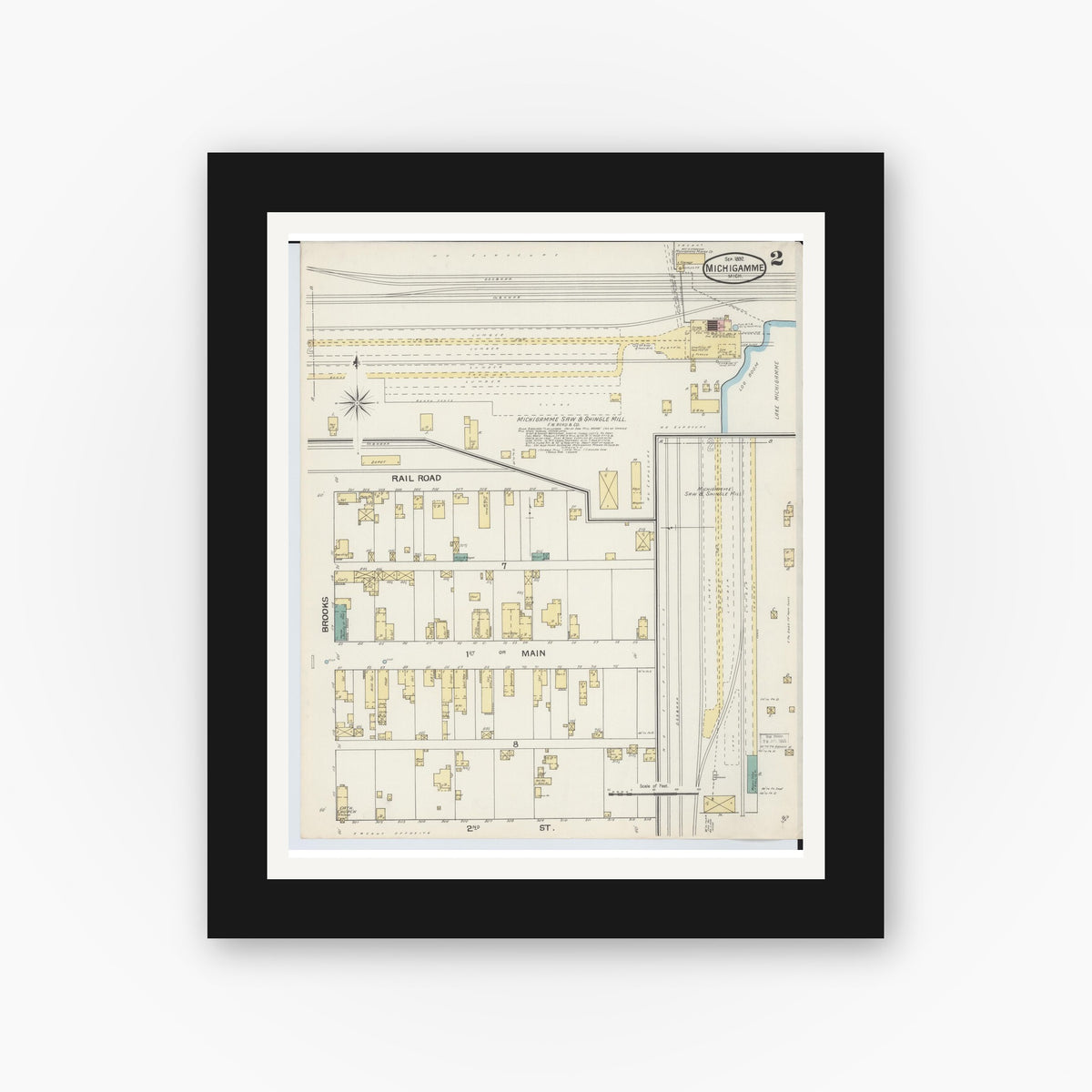 Old map wall art mockup — black gallery frame with white mat — Sanborn Fire Insurance Map from Michigamme, Marquette County, Michigan (1892), Sheet #0002