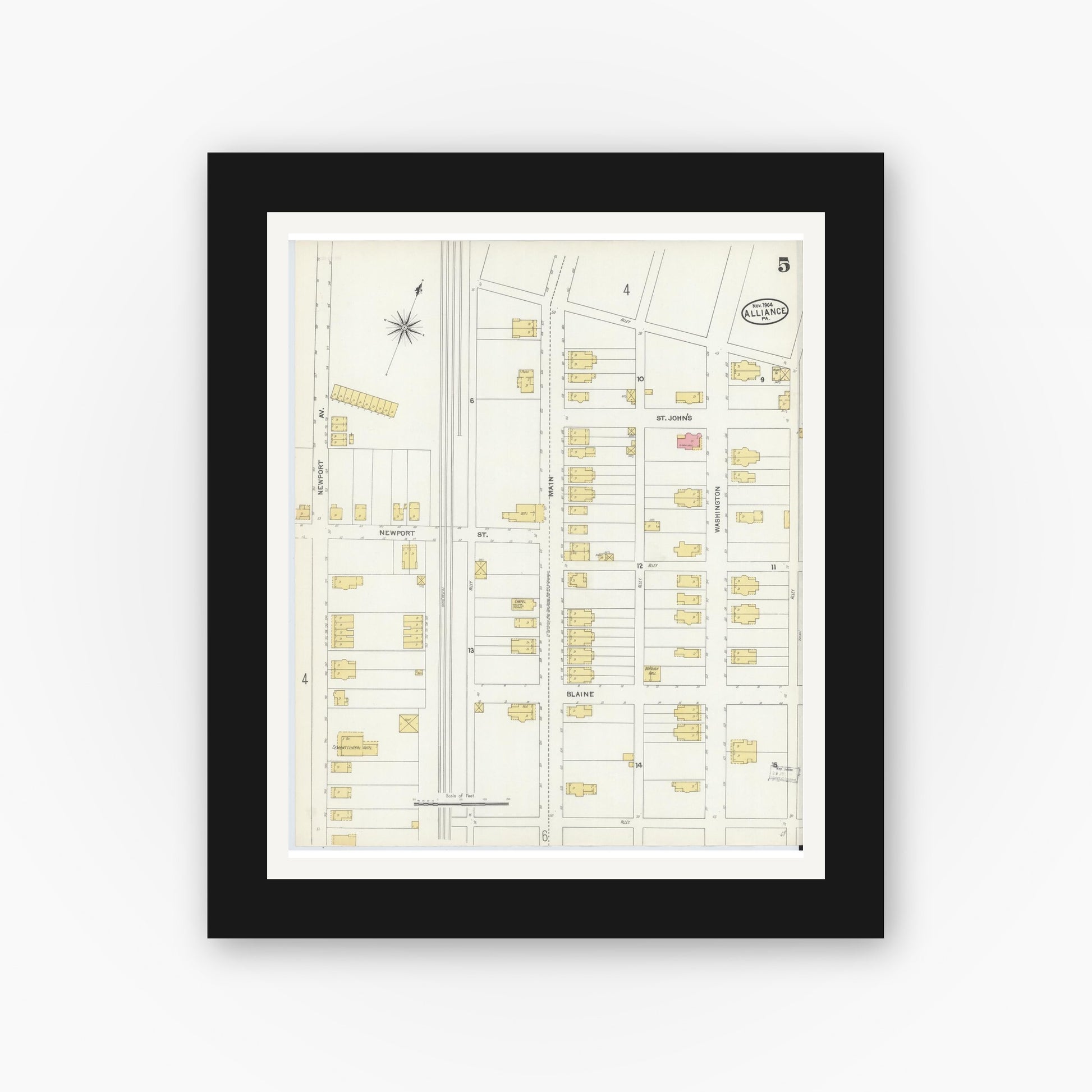 Old map wall art mockup — black gallery frame with white mat — Sanborn Fire Insurance Map from Alliance, Northampton County, Pennsylvania (1904), Sheet #0005