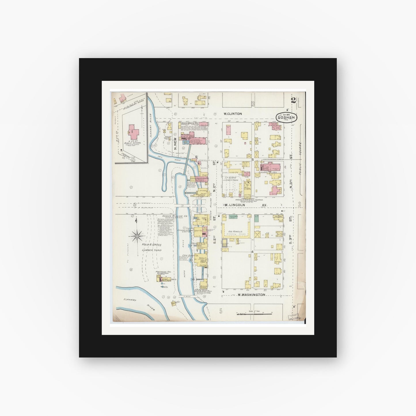 Old map wall art mockup — black gallery frame with white mat — Sanborn Fire Insurance Map from Goshen, Elkhart County, Indiana (1892), Sheet #0002