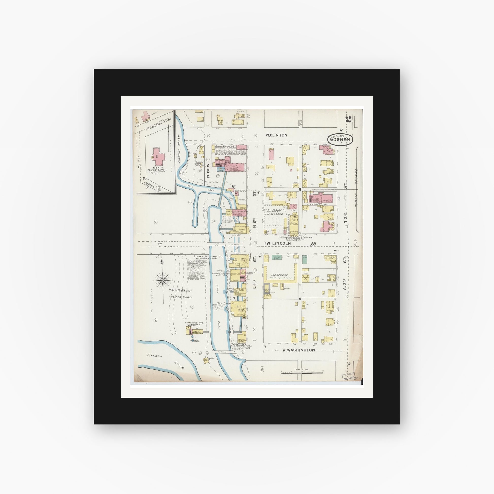 Old map wall art mockup — black gallery frame with white mat — Sanborn Fire Insurance Map from Goshen, Elkhart County, Indiana (1892), Sheet #0002