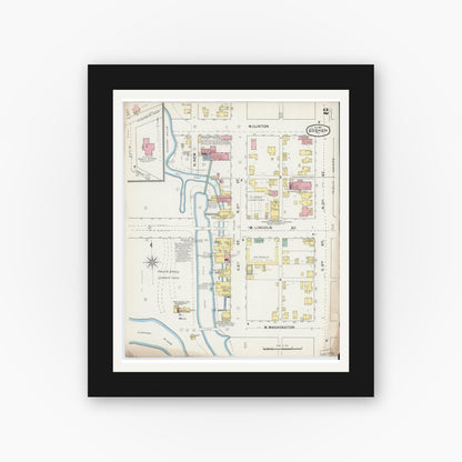 Old map wall art mockup — black gallery frame with white mat — Sanborn Fire Insurance Map from Goshen, Elkhart County, Indiana (1892), Sheet #0002