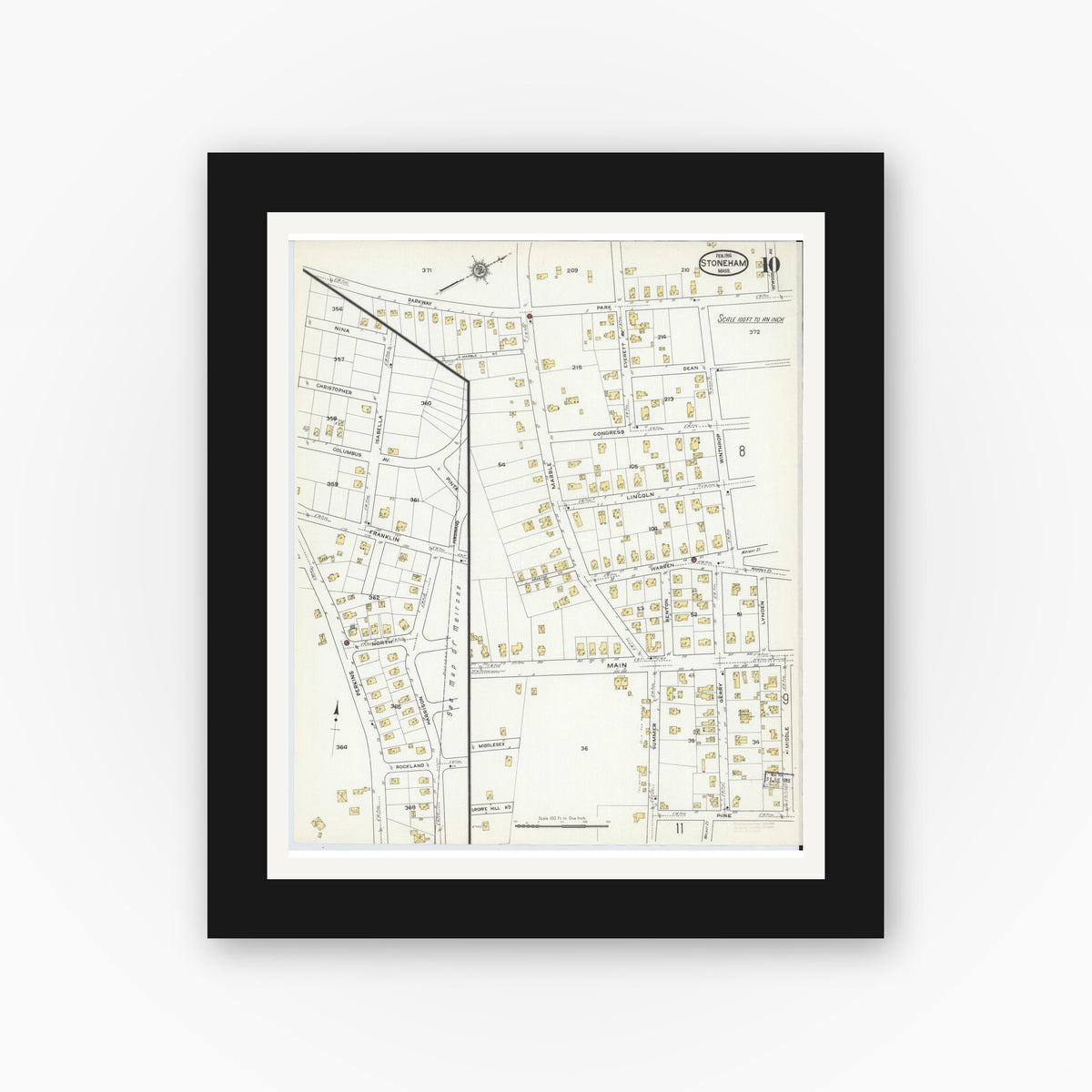 Old map wall art mockup — black gallery frame with white mat — Sanborn Fire Insurance Map from Stoneham, Middlesex County, Massachusetts (1916), Sheet #0010