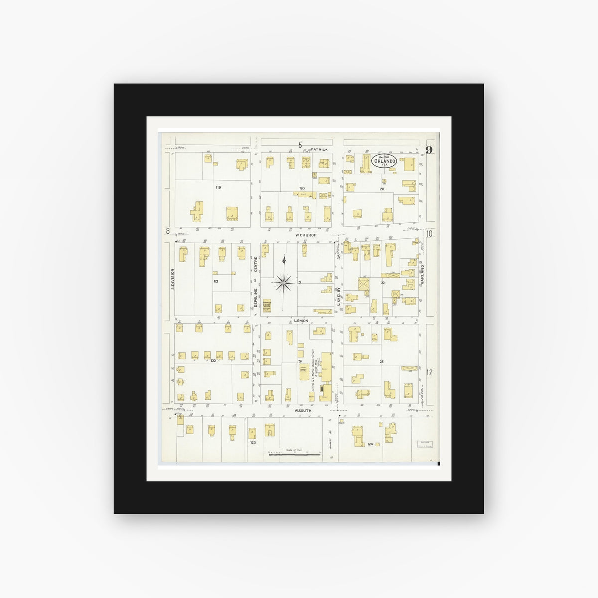 Old map wall art mockup — black gallery frame with white mat — Sanborn Fire Insurance Map from Orlando, Orange County, Florida (1908), Sheet #0009