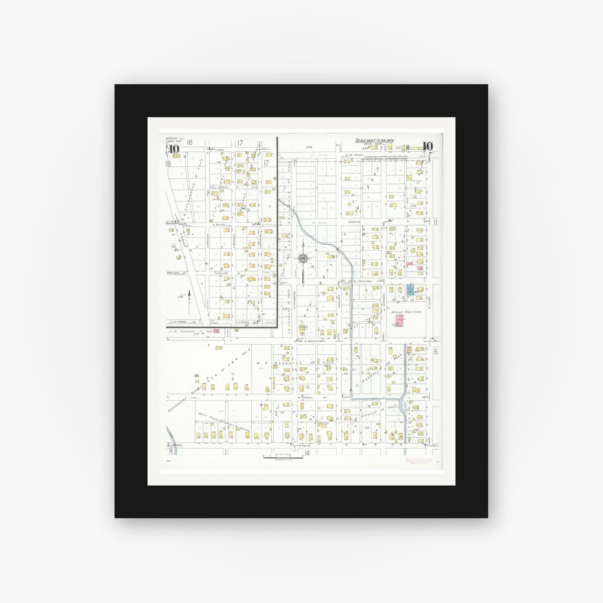 Old map wall art mockup — black gallery frame with white mat — Sanborn Fire Insurance Map from Marion, Williamson County, Illinois (1937), Sheet #0010