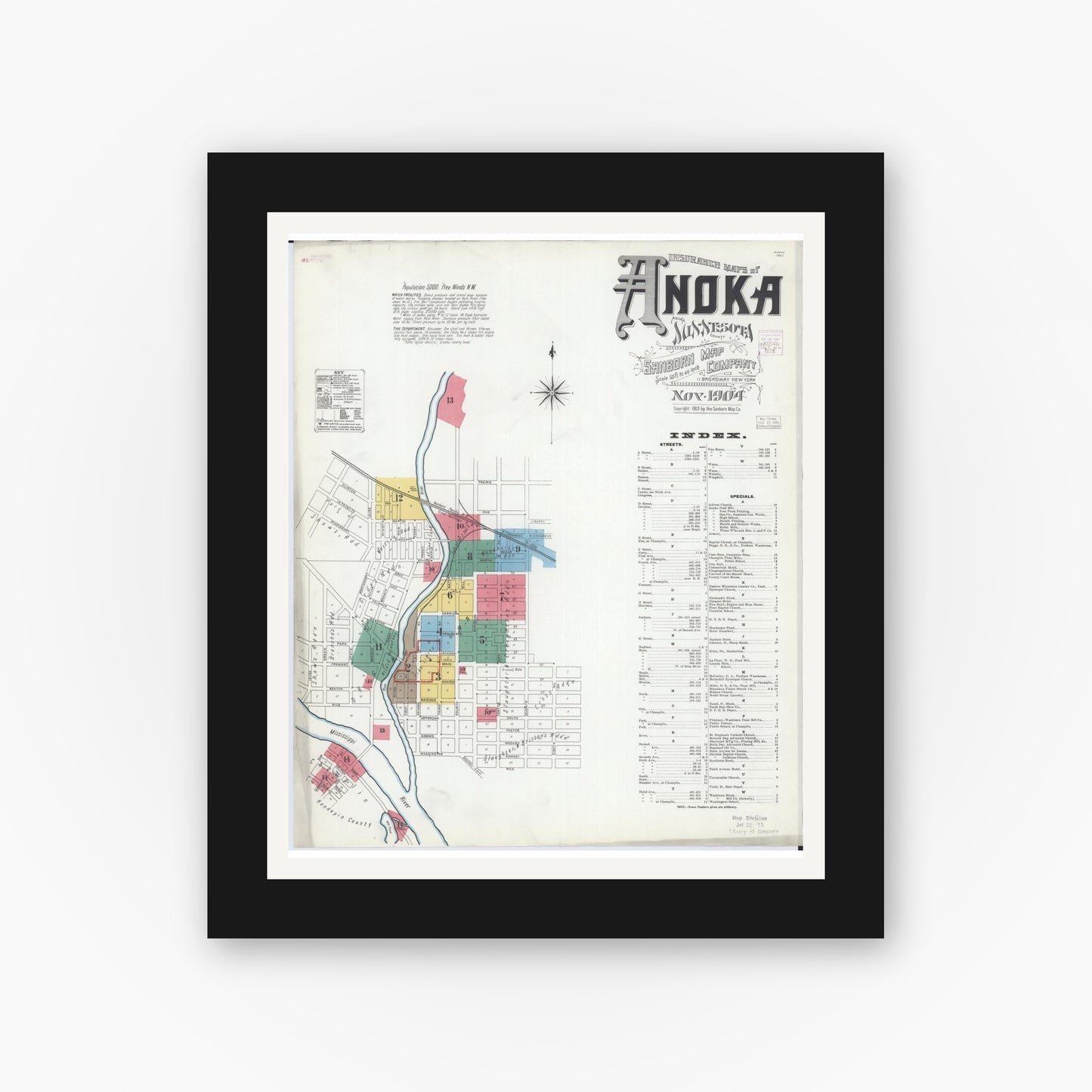 Old map wall art mockup — black gallery frame with white mat — Sanborn Fire Insurance Map from Anoka, Anoka County, Minnesota (1904) - Complete Map Set