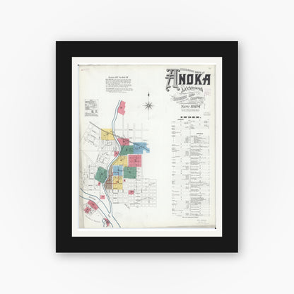 Old map wall art mockup — black gallery frame with white mat — Sanborn Fire Insurance Map from Anoka, Anoka County, Minnesota (1904) - Complete Map Set