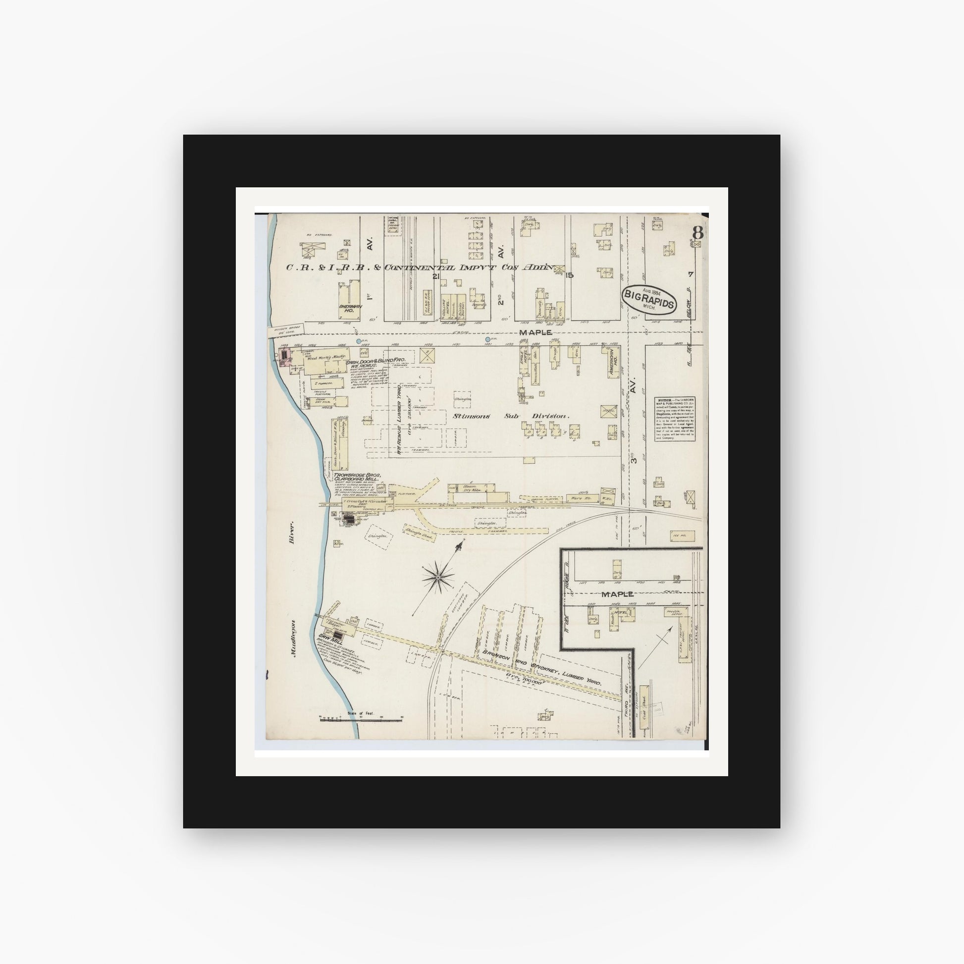 Old map wall art mockup — black gallery frame with white mat — Sanborn Fire Insurance Map from Big Rapids, Mecosta County, Michigan (1884), Sheet #0008