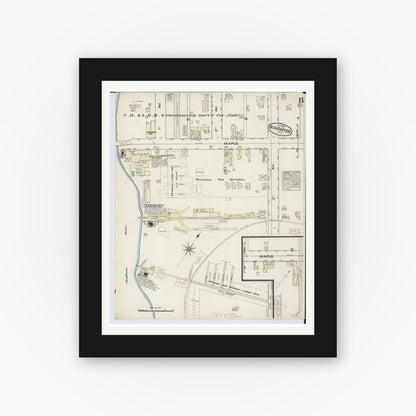 Old map wall art mockup — black gallery frame with white mat — Sanborn Fire Insurance Map from Big Rapids, Mecosta County, Michigan (1884), Sheet #0008