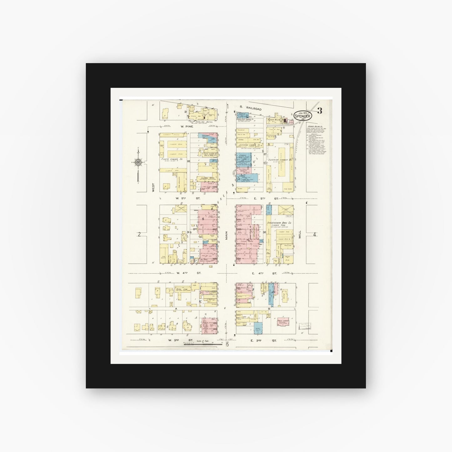 Old map wall art mockup — black gallery frame with white mat — Sanborn Fire Insurance Map from Spencer, Clay County, Iowa (1915), Sheet #0003