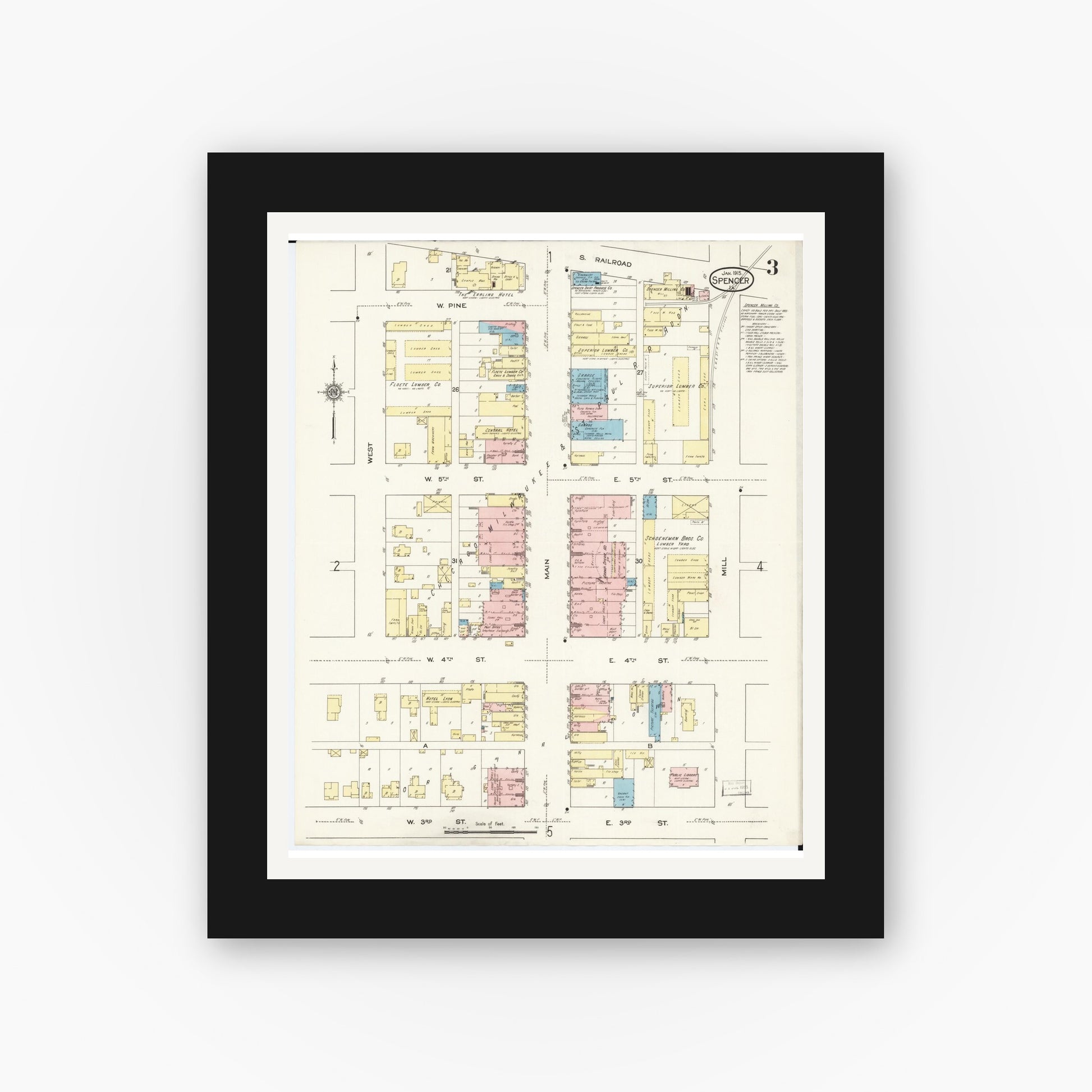 Old map wall art mockup — black gallery frame with white mat — Sanborn Fire Insurance Map from Spencer, Clay County, Iowa (1915), Sheet #0003