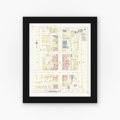 Old map wall art mockup — black gallery frame with white mat — Sanborn Fire Insurance Map from Spencer, Clay County, Iowa (1915), Sheet #0003