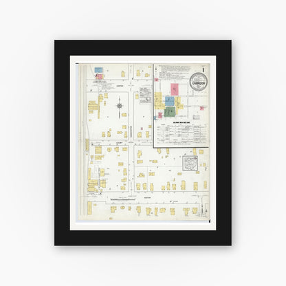 Old map wall art mockup — black gallery frame with white mat — Sanborn Fire Insurance Map from Chardon, Geauga County, Ohio (1918), Sheet #0001