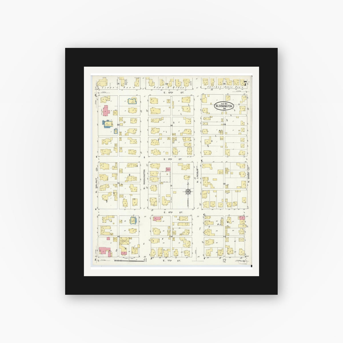 Old map wall art mockup — black gallery frame with white mat — Sanborn Fire Insurance Map from Bloomington, Monroe County, Indiana (1913), Sheet #0007