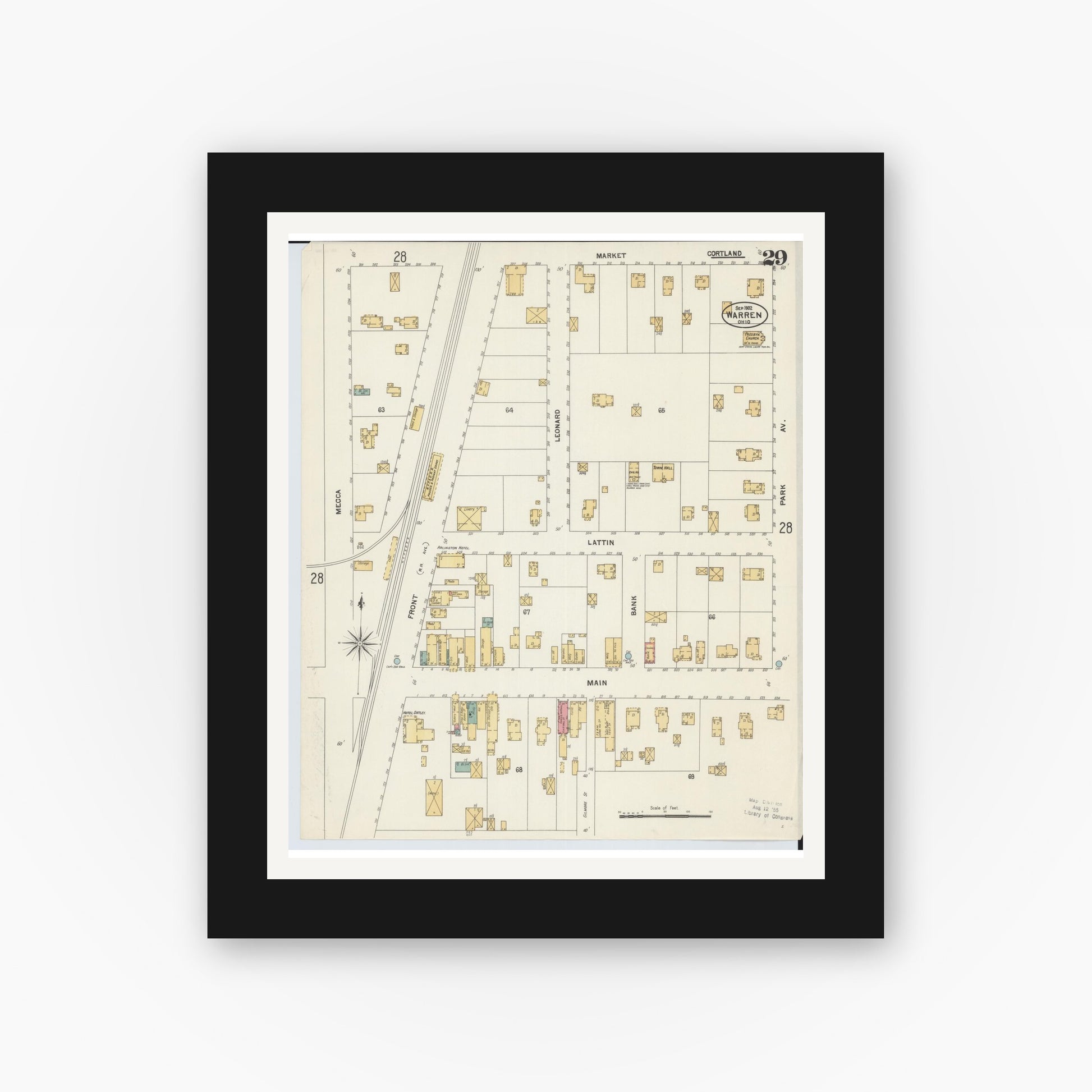 Old map wall art mockup — black gallery frame with white mat — Sanborn Fire Insurance Map from Warren, Trumbull County, Ohio (1902), Sheet #0029