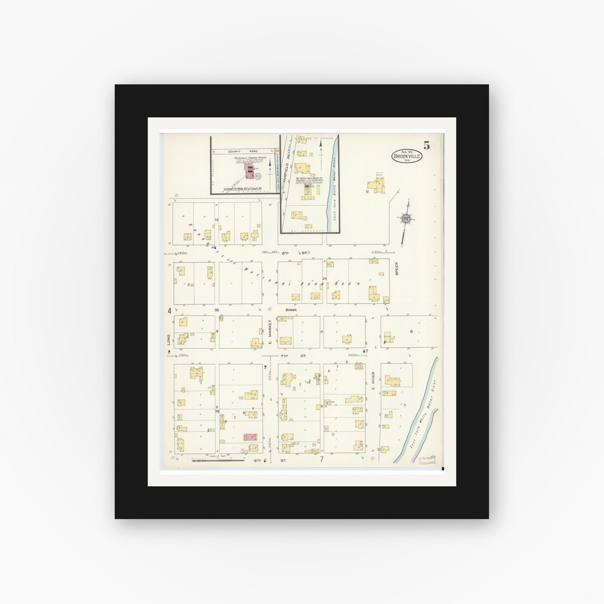 Old map wall art mockup — black gallery frame with white mat — Sanborn Fire Insurance Map from Brookville, Franklin County, Indiana (1913), Sheet #0005