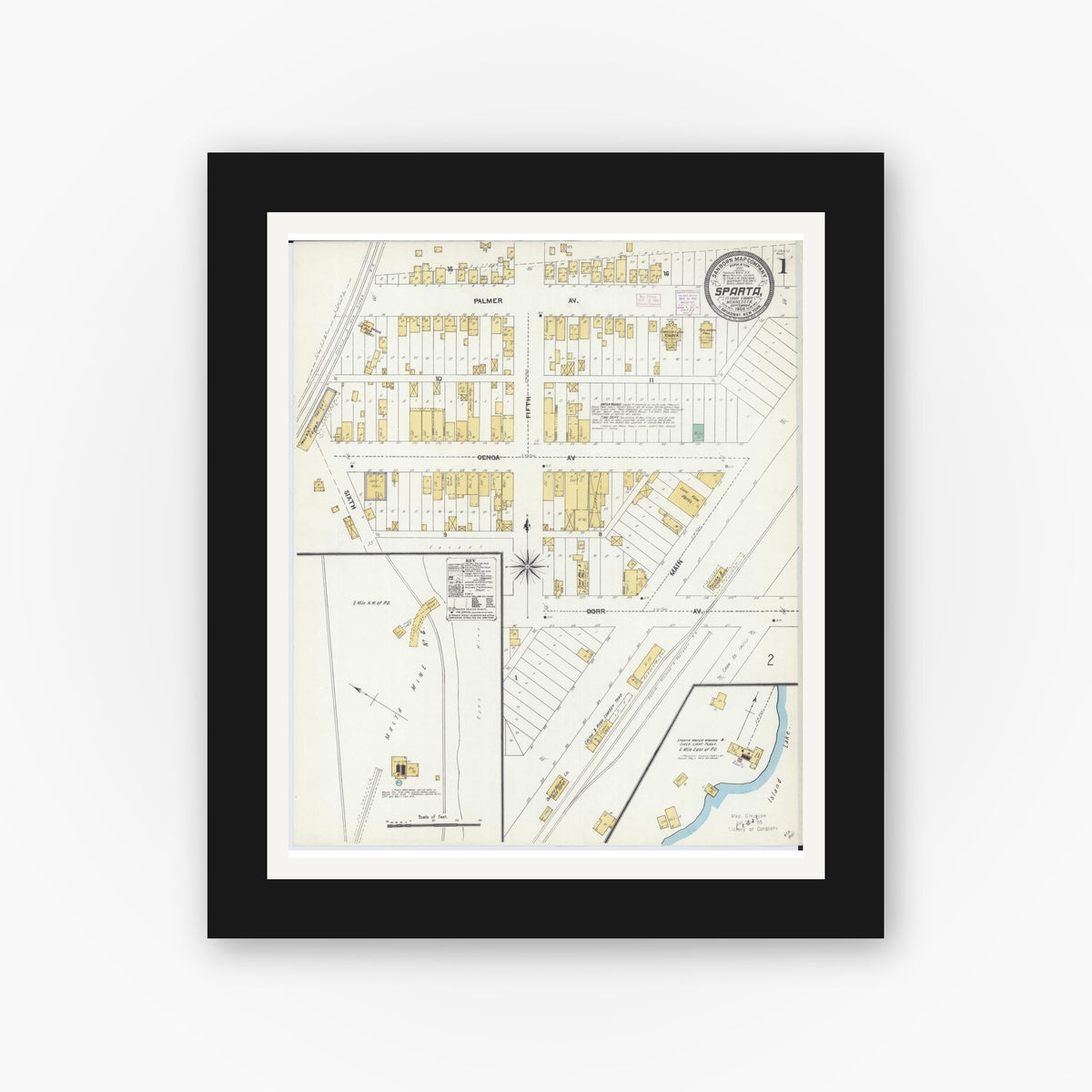 Old map wall art mockup — black gallery frame with white mat — Sanborn Fire Insurance Map from Sparta, Saint Louis County, Minnesota (1906) - Complete Map Set