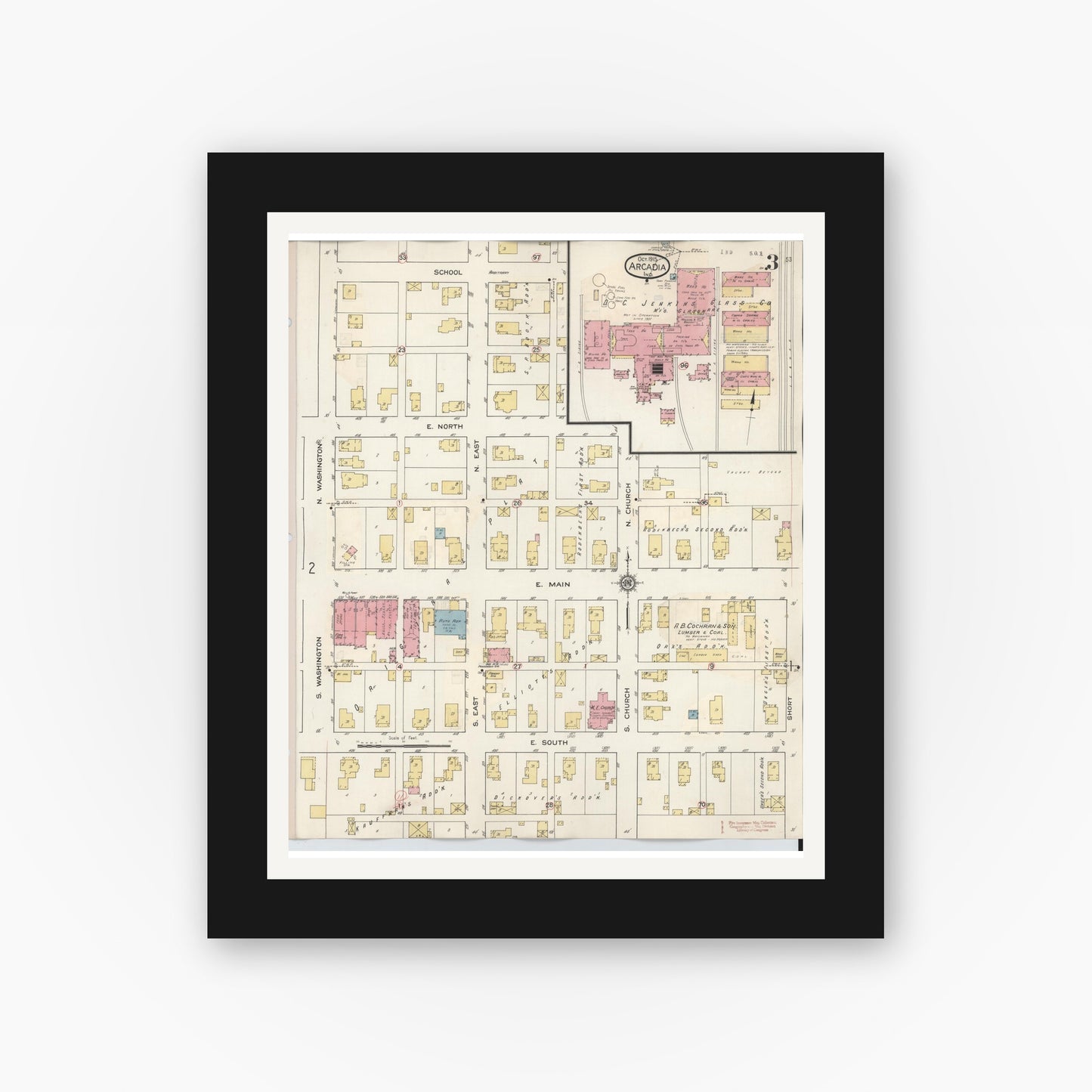 Old map wall art mockup — black gallery frame with white mat — Sanborn Fire Insurance Map from Arcadia, Hamilton County, Indiana (1933), Sheet #0003