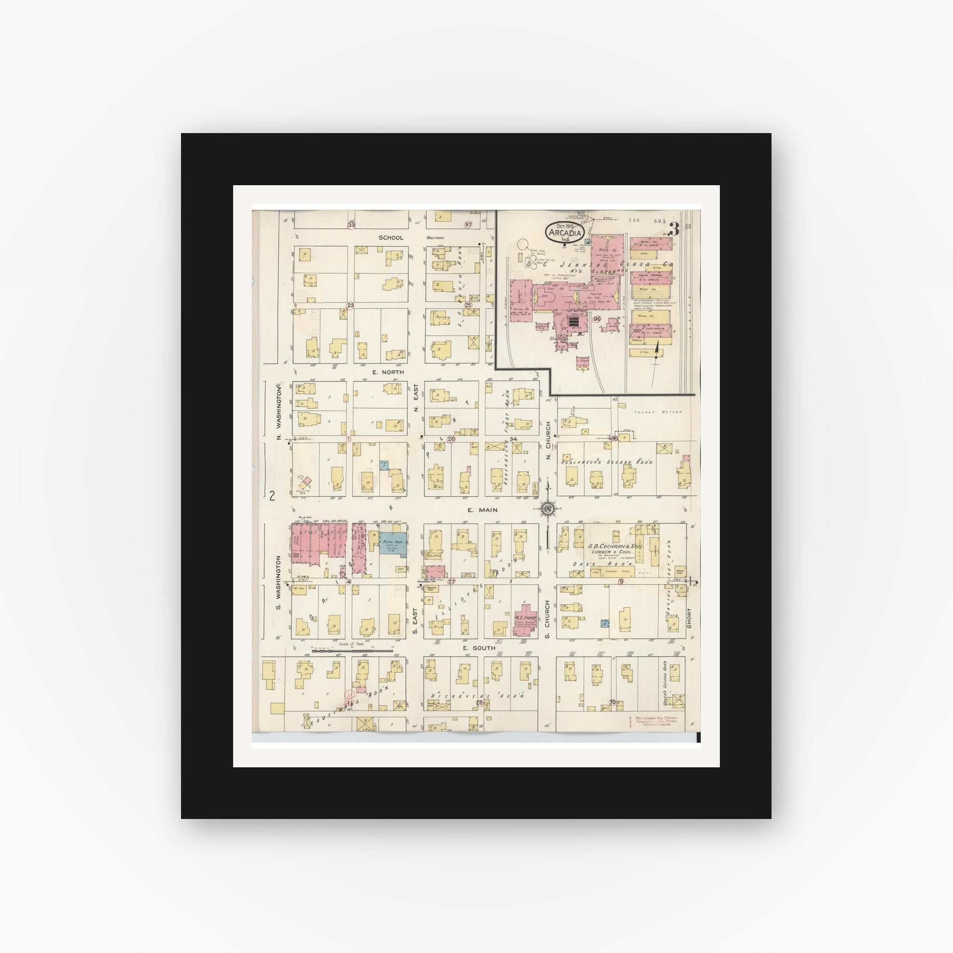 Old map wall art mockup — black gallery frame with white mat — Sanborn Fire Insurance Map from Arcadia, Hamilton County, Indiana (1933), Sheet #0003