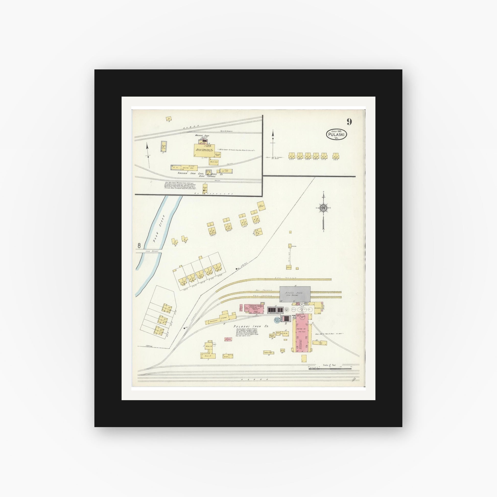 Old map wall art mockup — black gallery frame with white mat — Sanborn Fire Insurance Map from Pulaski, Pulaski County, Virginia (1913), Sheet #0009