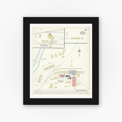 Old map wall art mockup — black gallery frame with white mat — Sanborn Fire Insurance Map from Pulaski, Pulaski County, Virginia (1913), Sheet #0009