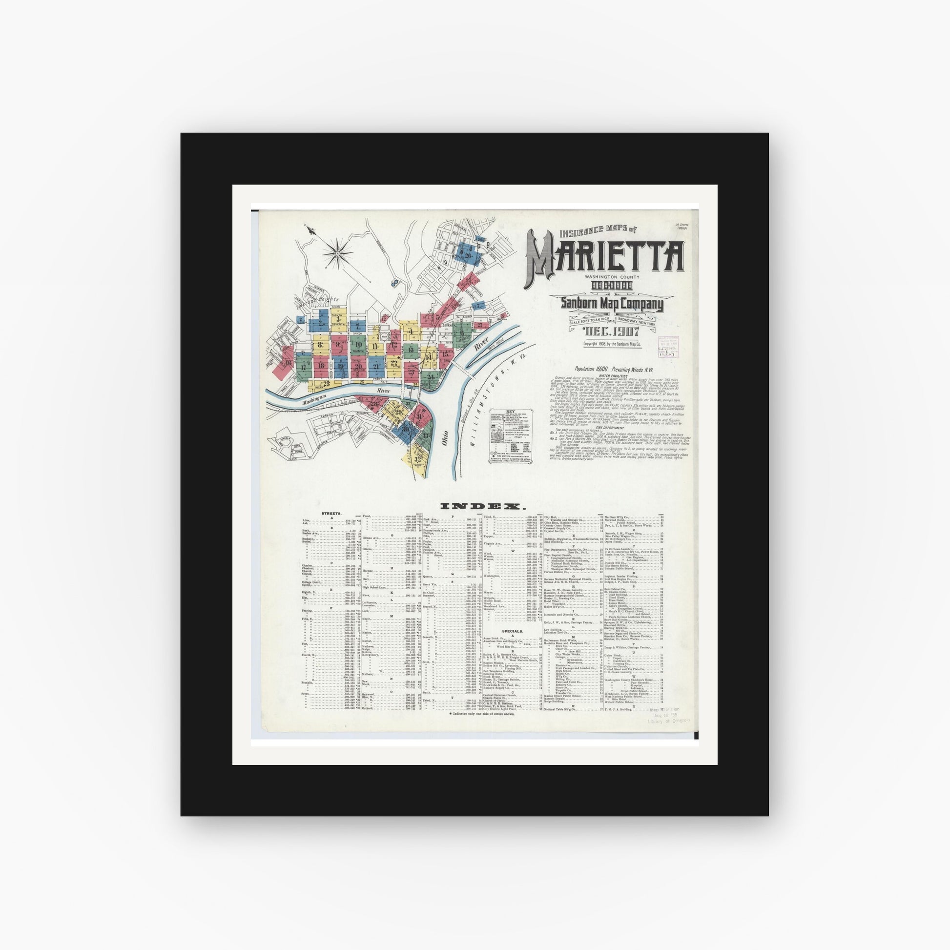 Old map wall art mockup — black gallery frame with white mat — Sanborn Fire Insurance Map from Marietta, Washington County, Ohio (1907), Sheet #0001