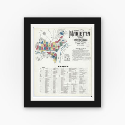 Old map wall art mockup — black gallery frame with white mat — Sanborn Fire Insurance Map from Marietta, Washington County, Ohio (1907), Sheet #0001