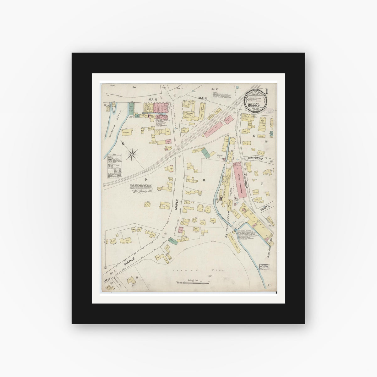 Old map wall art mockup — black gallery frame with white mat — Sanborn Fire Insurance Map from Warren, Worcester County, Massachusetts (1887) - Complete Map Set