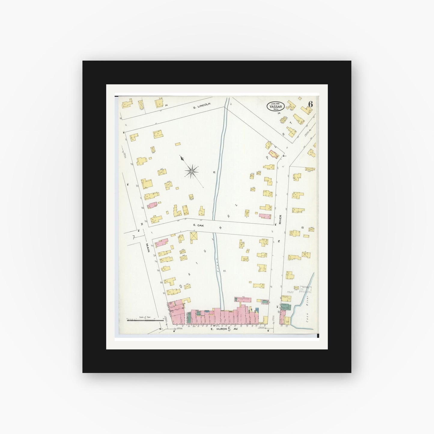 Old map wall art mockup — black gallery frame with white mat — Sanborn Fire Insurance Map from Vassar, Tuscola County, Michigan (1909), Sheet #0006