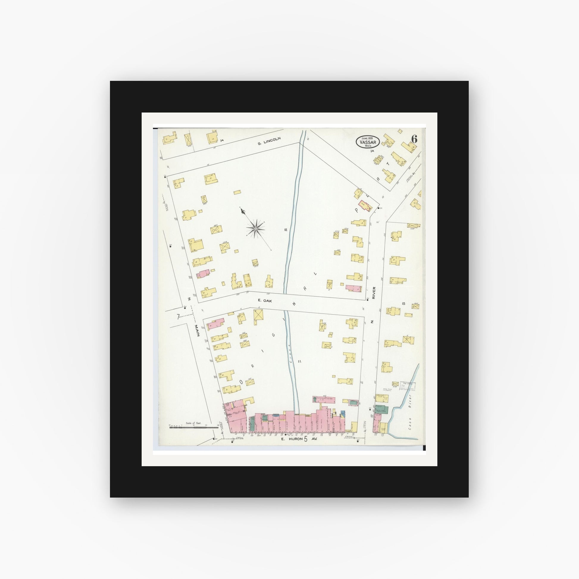 Old map wall art mockup — black gallery frame with white mat — Sanborn Fire Insurance Map from Vassar, Tuscola County, Michigan (1909), Sheet #0006