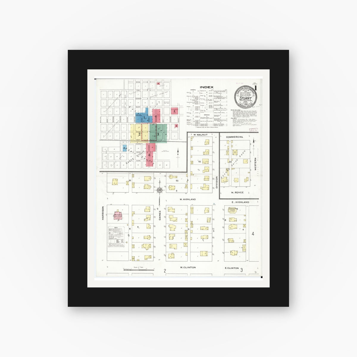 Old map wall art mockup — black gallery frame with white mat — Sanborn Fire Insurance Map from Stuart, Guthrie and Adair Counties, Iowa (1909) â€” Complete Set