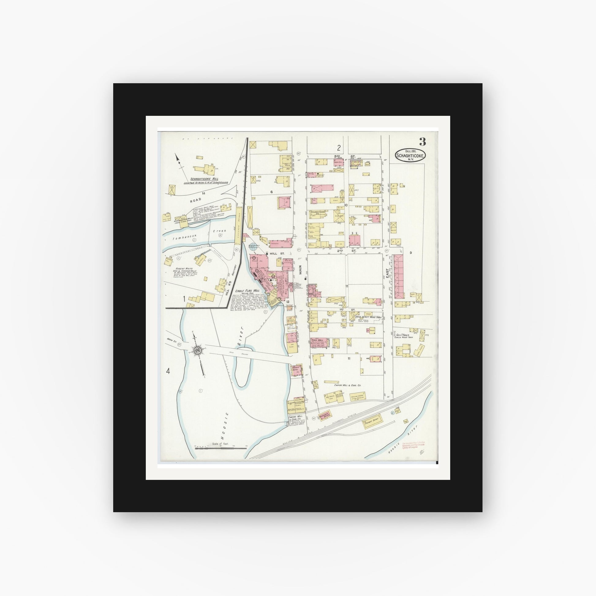 Old map wall art mockup — black gallery frame with white mat — Sanborn Fire Insurance Map from Schaghticoke, Rensselaer County, New York (1911), Sheet #0003