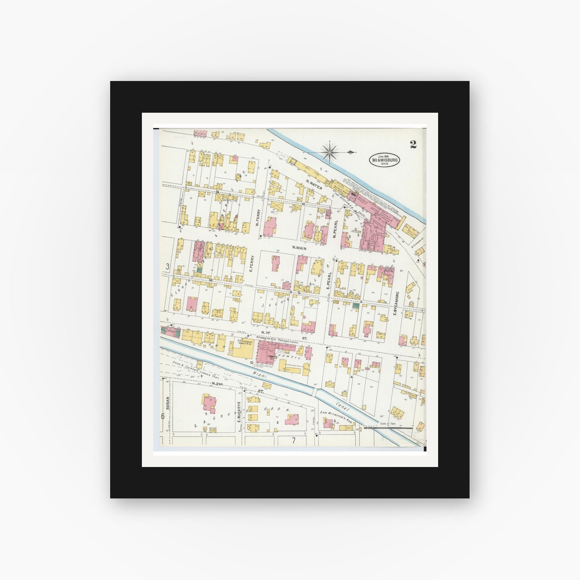 Old map wall art mockup — black gallery frame with white mat — Sanborn Fire Insurance Map from Miamisburg, Montgomery County, Ohio (1905), Sheet #0002